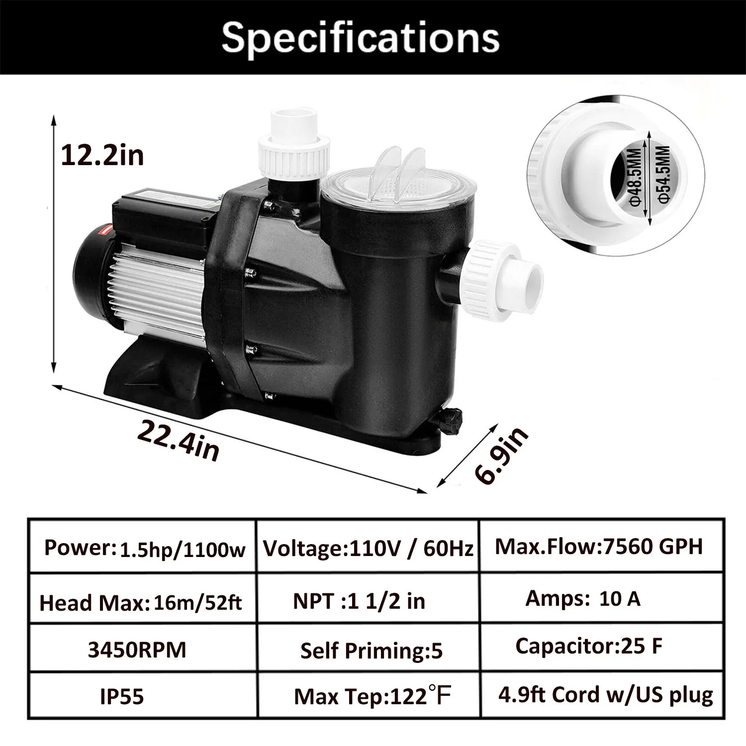1.5 HP Swimming Pool Pump Specification