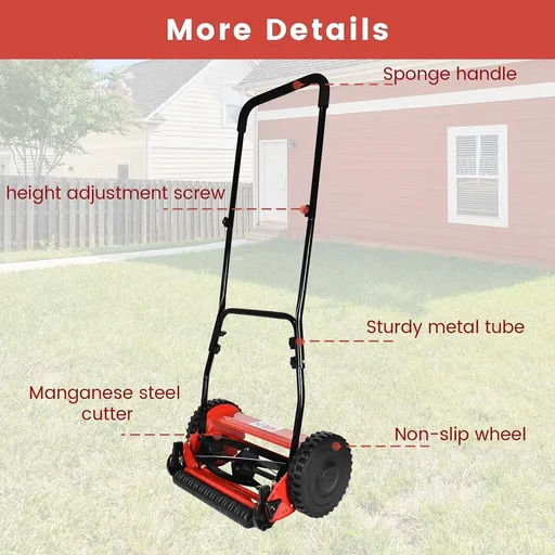 14-Inch 5-Blade Manual Reel Lawn Mower w/Adjustable Cutting Height Grass Catcher