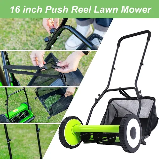 Reel Lawn Mower,16 inch,5 Blades,9-Position Height Adjustment w/Grass Catcher