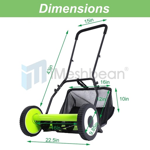 Reel Lawn Mower,16 inch,5 Blades,9-Position Height Adjustment w/Grass Catcher