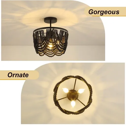 12.6 inch Boho Chandelier Wood Beaded Chandelier for Dinning Room Bedroom Hallway