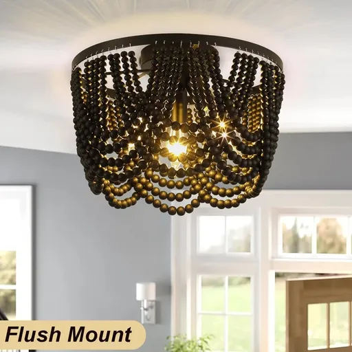 12.6 inch Boho Chandelier Wood Beaded Chandelier for Dinning Room Bedroom Hallway