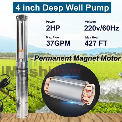 1HP Deep Well Submersible Pump Stainless Steel 4" 230V 60Hz, 33 GPM, 207ft Head, 33ft Cord