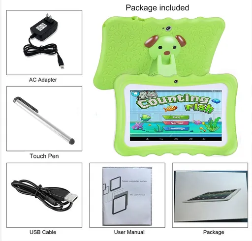 7" Android 9 Tablet PC For Kids 64G Quad-Core Dual Cameras WiFi Bundle Case, Green