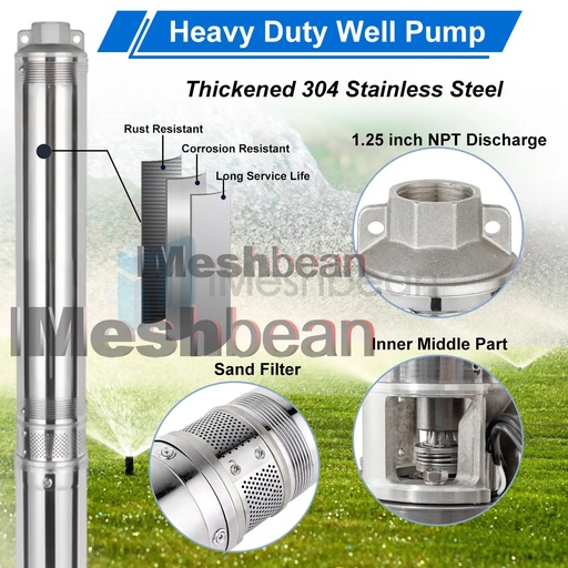 iMeshbean 4" 1HP Submersible Pump 207" Head 37 GPM 110V Stainless Steel with 100" Electric Cord