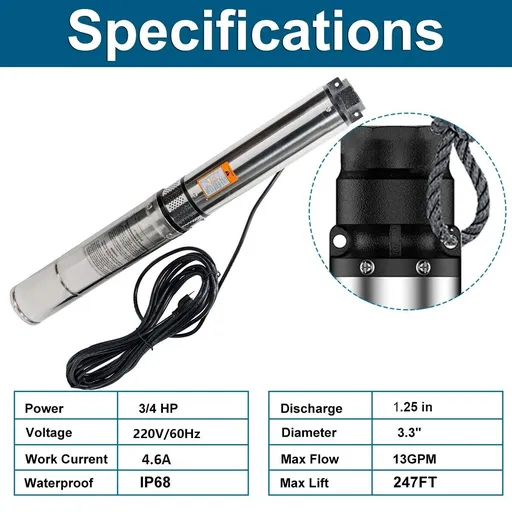 iMeshbean 3" Deep Well Submersible Pump 3/4 HP Deep Well Pump 220V Submersible Water Pump 60Hz