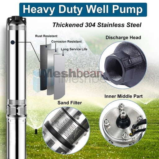 iMeshbean 3" Deep Well Submersible Pump 3/4 HP Deep Well Pump 220V Submersible Water Pump 60Hz