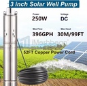DC 12V 3'' Solar Deep Well Pump Water Pump 396GPH Stainless Steel Submersible
