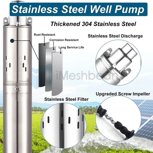 DC 12V 3'' Solar Deep Well Pump Water Pump 396GPH Stainless Steel Submersible