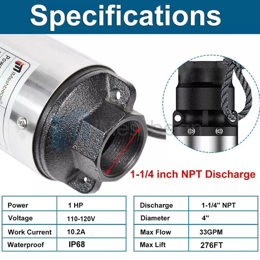 1HP 4” Deep Well Pump 33GPM Submersible Pump 276ft Stainless Steel 115V