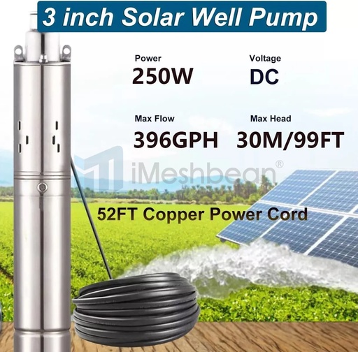 3'' DC 12V Solar Deep Well Pump Water Pump 396GPH Stainless Steel Submersible