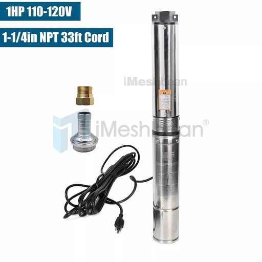 1HP 4” Deep Well Pump 33GPM Submersible Pump 276ft Stainless Steel 110V