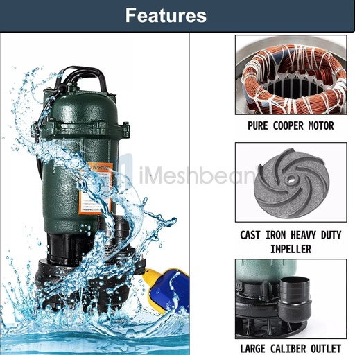 1HP 750W Cast Iron Sewage Submersibl Sump Pump 4000GPH w/66ft HOSE 110V