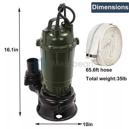 1HP 750W Cast Iron Sewage Submersibl Sump Pump 4000GPH w/66ft HOSE 110V