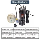 2HP Submersible Sump Pump 1500W Cast Iron Sewage Pump 6498GPH w/66ft HOSE 220V