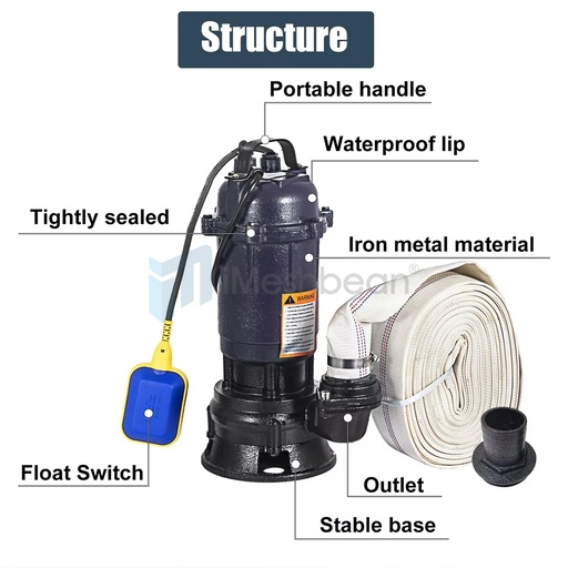 2HP Submersible Sump Pump 1500W Cast Iron Sewage Pump 6498GPH w/66ft HOSE 220V