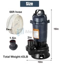 2HP Submersible Sump Pump 1500W Cast Iron Sewage Pump 6498GPH w/66ft HOSE 220V