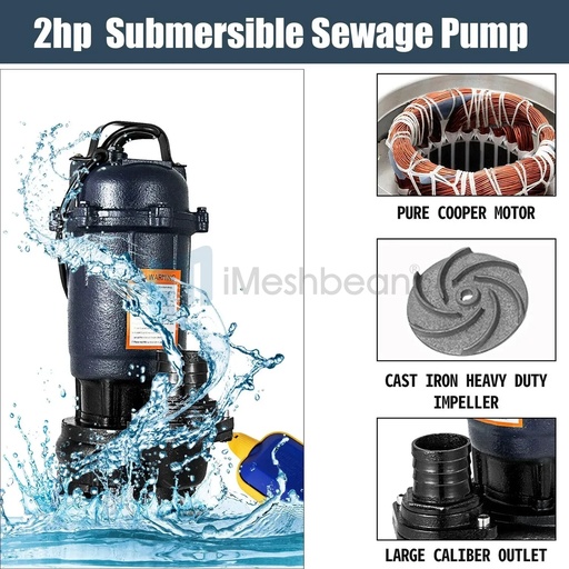 2HP Submersible Sump Pump 1500W Cast Iron Sewage Pump 6498GPH w/26ft Cord 110V