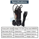 2HP Submersible Sump Pump 1500W Cast Iron Sewage Pump 6498GPH w/26ft Cord 110V