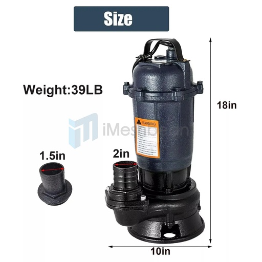 2HP Submersible Sump Pump 1500W Cast Iron Sewage Pump 6498GPH w/26ft Cord 110V