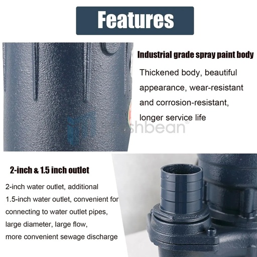 2HP Submersible Sump Pump 1500W Cast Iron Sewage Pump 6498GPH w/26ft Cord 110V