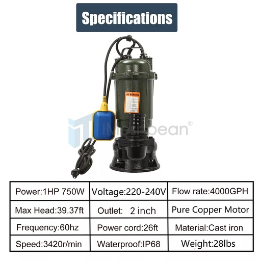 1HP 750W Cast Iron Sewage Submersibl Sump Pump 4000GPH w/ Float Switch 220-240V