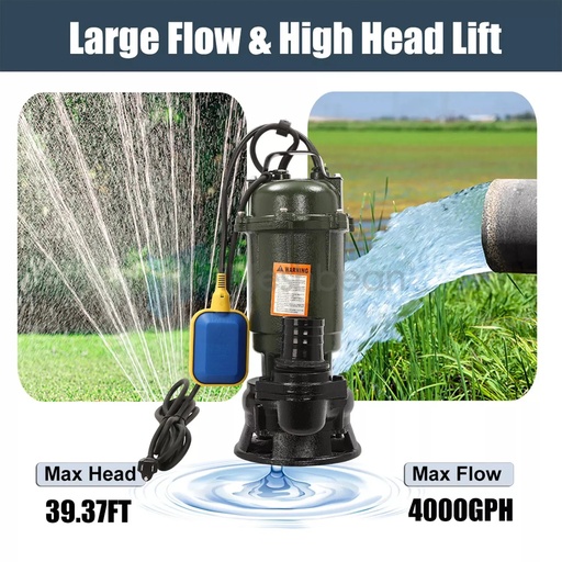 1HP 750W Cast Iron Sewage Submersibl Sump Pump 4000GPH w/ Float Switch 220-240V