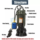 1HP 750W Cast Iron Sewage Submersibl Sump Pump 4000GPH w/ Float Switch 220-240V