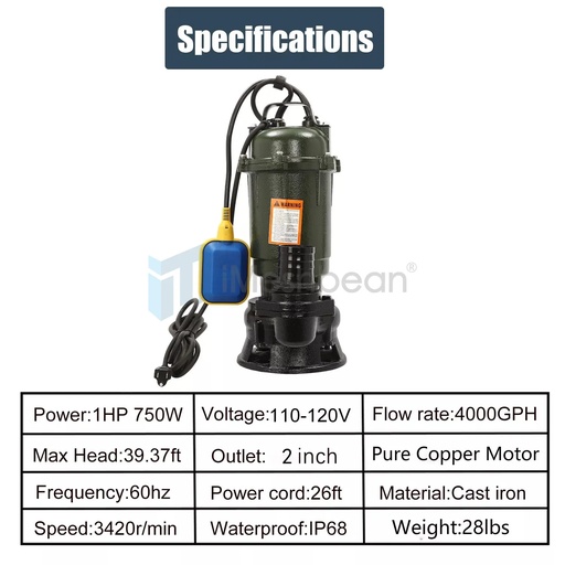 1HP 750W Cast Iron Sewage Submersibl Sump Pump 4000GPH w/ Float Switch 110-120V