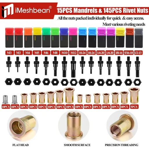 Rivet Nut Tool 16" Rivnut Tool Kit 15 PCS Metric &SAE Mandrels & 145PC Rivet Nut