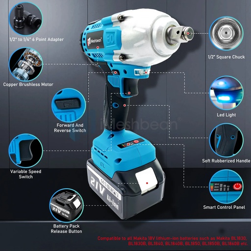 iMeshbean 21V Cordless Electric Impact Wrench Gun 1/2'' High Power Driver 800Nm