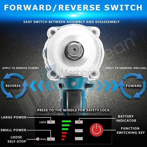 Cordless Electric Impact Wrench Gun 1/2'' High Power Driver with Li-ion Battery