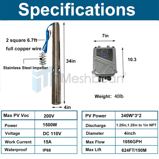 2HP 4" Solar Pump Submersible Pump Bore DC 110V Deep Well Pump+MPPT Controller