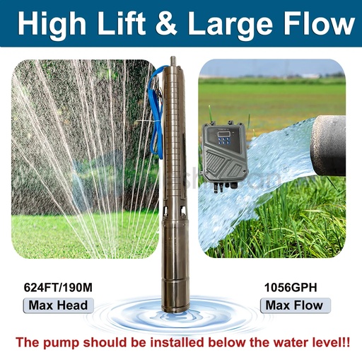 2HP 4" Solar Pump Submersible Pump Bore DC 110V Deep Well Pump+MPPT Controller