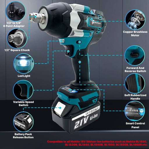 21V Lithium‑Ion Brushless Cordless Impact Gun High‑Torque 1/2 in. Electric Impact Wrench