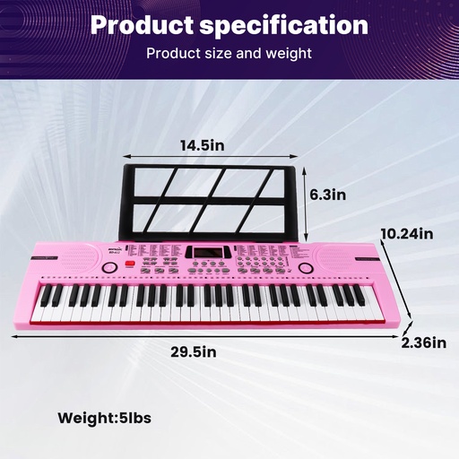 61 Keys Pink Keyboard Piano Kids Electronic Digital Piano w/Built-In Speaker Microphone Kid Toy