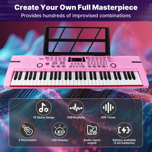 61 Keys Pink Keyboard Piano Kids Electronic Digital Piano w/Built-In Speaker Microphone Kid Toy