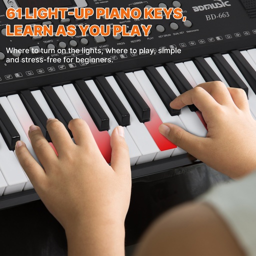 61 Key Black Digital Light Up Music Piano Keyboard Kids Electronic Digital Piano Kit w/Piano Stand