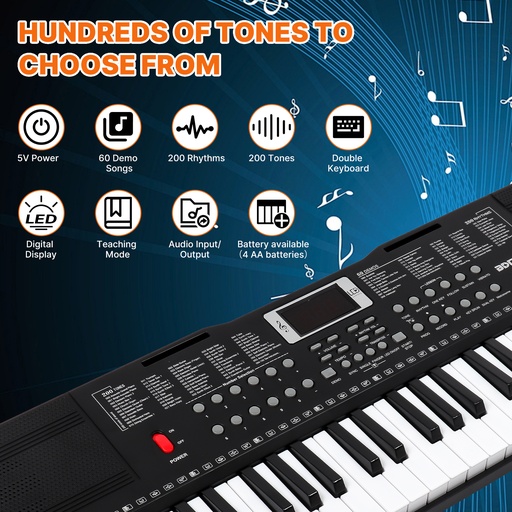 61 Key Black Digital Light Up Music Piano Keyboard Kids Electronic Digital Piano Kit w/Piano Stand