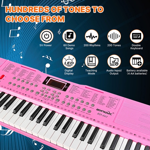 61 Key Pink Digital Music Electronic Keyboard Kit Kids Electronic Piano with Microphone