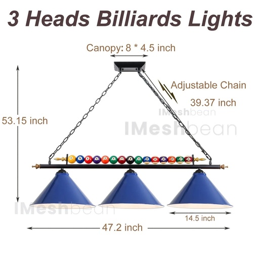 3-Light Hanging Pool Table Lights Fixture 47" Billiard Pendant Lamp Fits E26