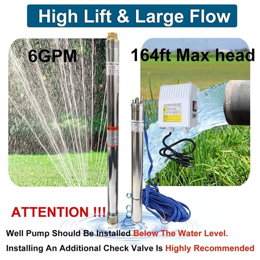 3/4HP 2" Deep Well Submersible Pump 220V 360GPH 164FT Max 26 Stage 50FT Cord