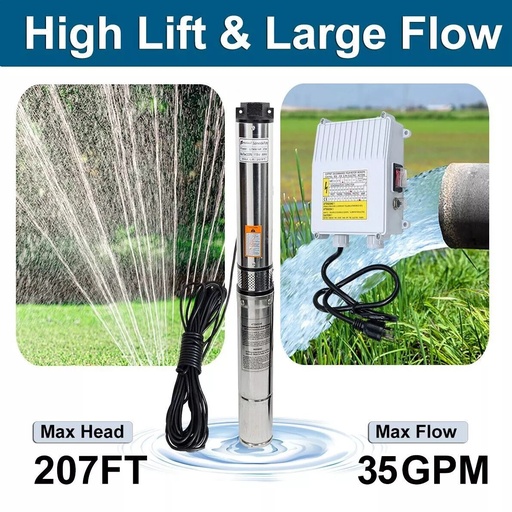 1 HP 4" Deep Well Submersible Pump 110V 35GPM 207ft Max 100ft Cord w/Control box