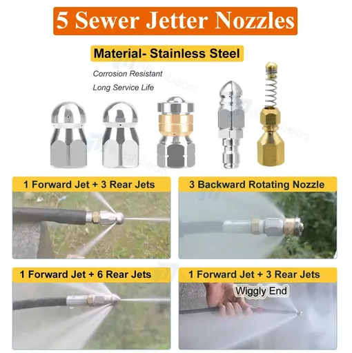 200FT Sewer Jetter Nozzles Kit Drain Cleaning Hose Pressure Washer Male 1/4" NPT