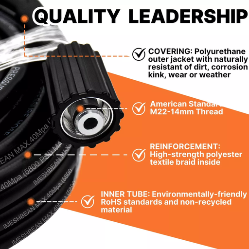 100FT 5800PSI Replacement High Pressure Power Washer Hose M22 Thread Connect