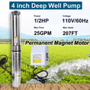 1/2HP 4" Deep Well Submersible Pump 110V 25GPM 207ft Max 33FT Cord