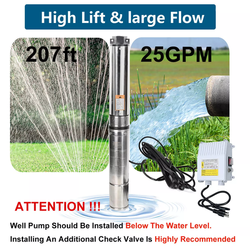 1/2HP 4" Deep Well Submersible Pump 110V 25GPM 207ft Max 33FT Cord