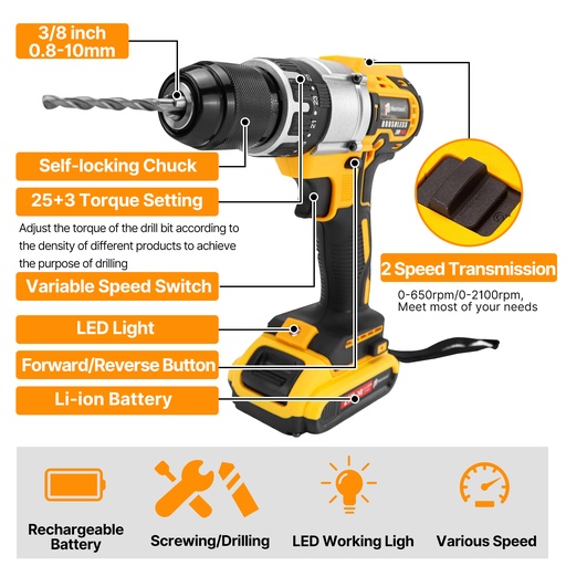 21V Cordless Drill 3/8" Electric Screwdriver Max 55Nm Power Drill Driver+Battery