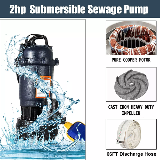 2HP Submersible Sump Pump 220V Cast Iron Sewage Pump 6498GPH w/66ft HOSE