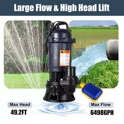 2HP Submersible Sump Pump 220V Cast Iron Sewage Pump 6498GPH w/66ft HOSE